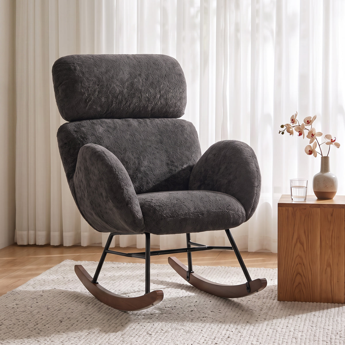 Rocking Chair with Adjustable Headrest Velvet Upholstery Dark Grey