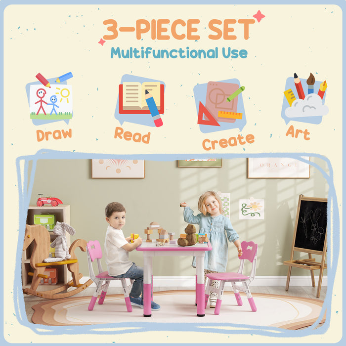 3 Pcs Height Adjustable Kids Table and Chair Set for Playroom - Pink