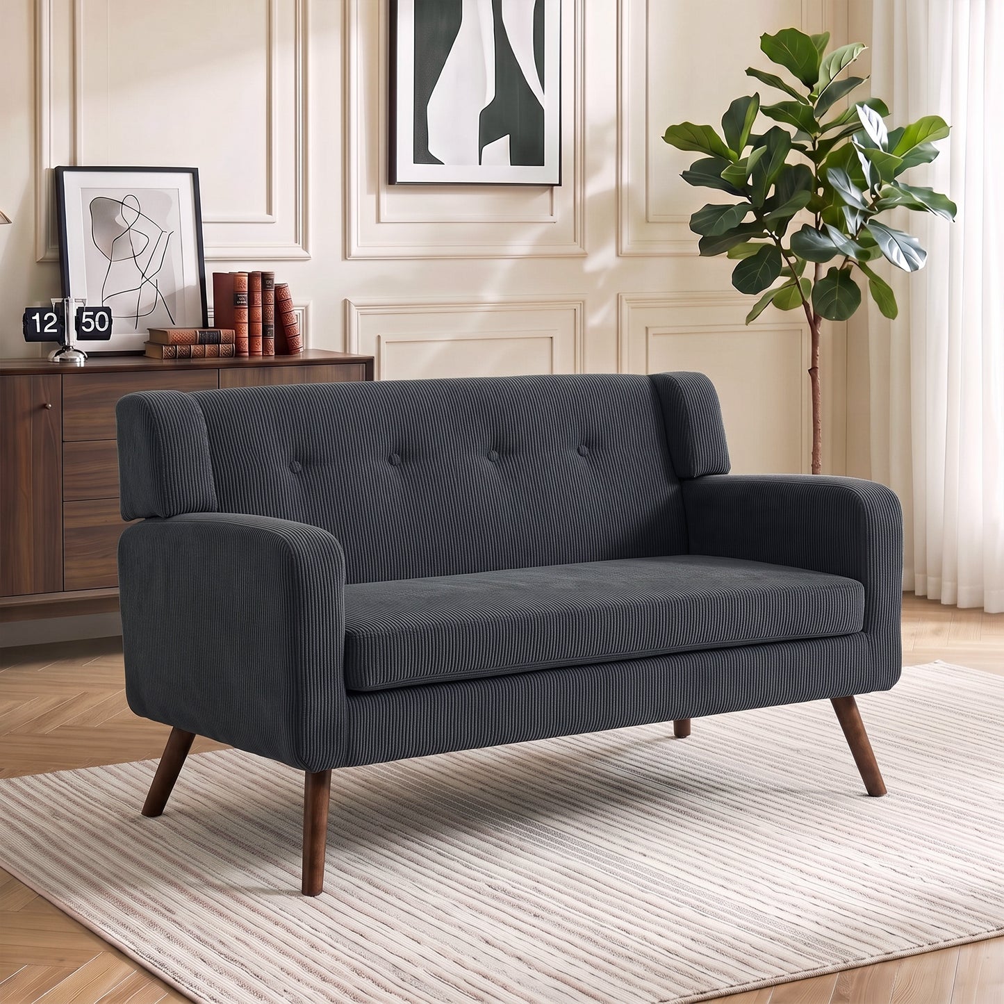 2 Seater Sofa, 118 cm Corduroy Small Loveseat Sofa, Dark Grey