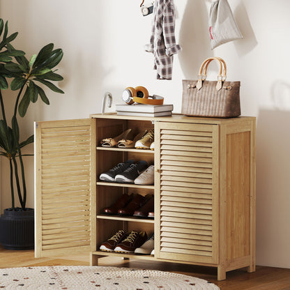 Bamboo Shoe Cabinet with Louvered Doors 14 Pairs Shoe Storage Cabinet