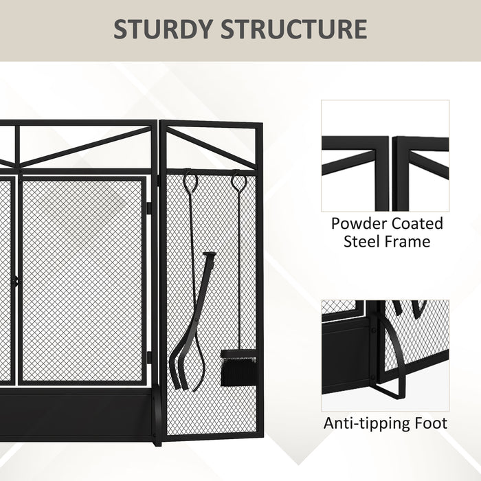 3 Panel Folding Fire Guard Screen w/ Fireplace Tool Sets, Front Doors, Freestanding Fire Screen Spark Guard w/ Feet, Black