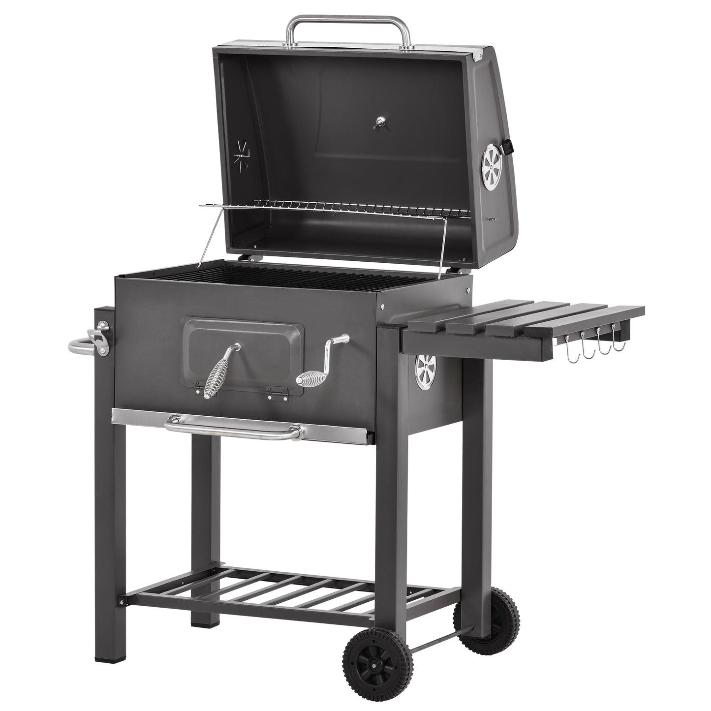Charcoal Grill BBQ Trolley Wheels Shelf Side Thermometer Steel Grey