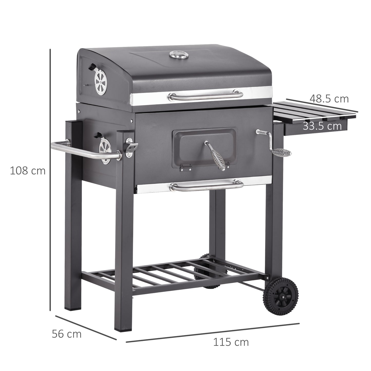 Charcoal Grill BBQ Trolley Wheels Shelf Side Thermometer Steel Grey