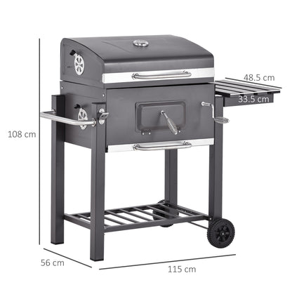 Charcoal Grill BBQ Trolley Wheels Shelf Side Thermometer Steel Grey