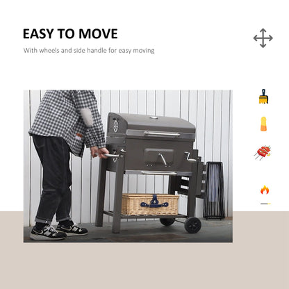 Charcoal Grill BBQ Trolley Wheels Shelf Side Thermometer Steel Grey
