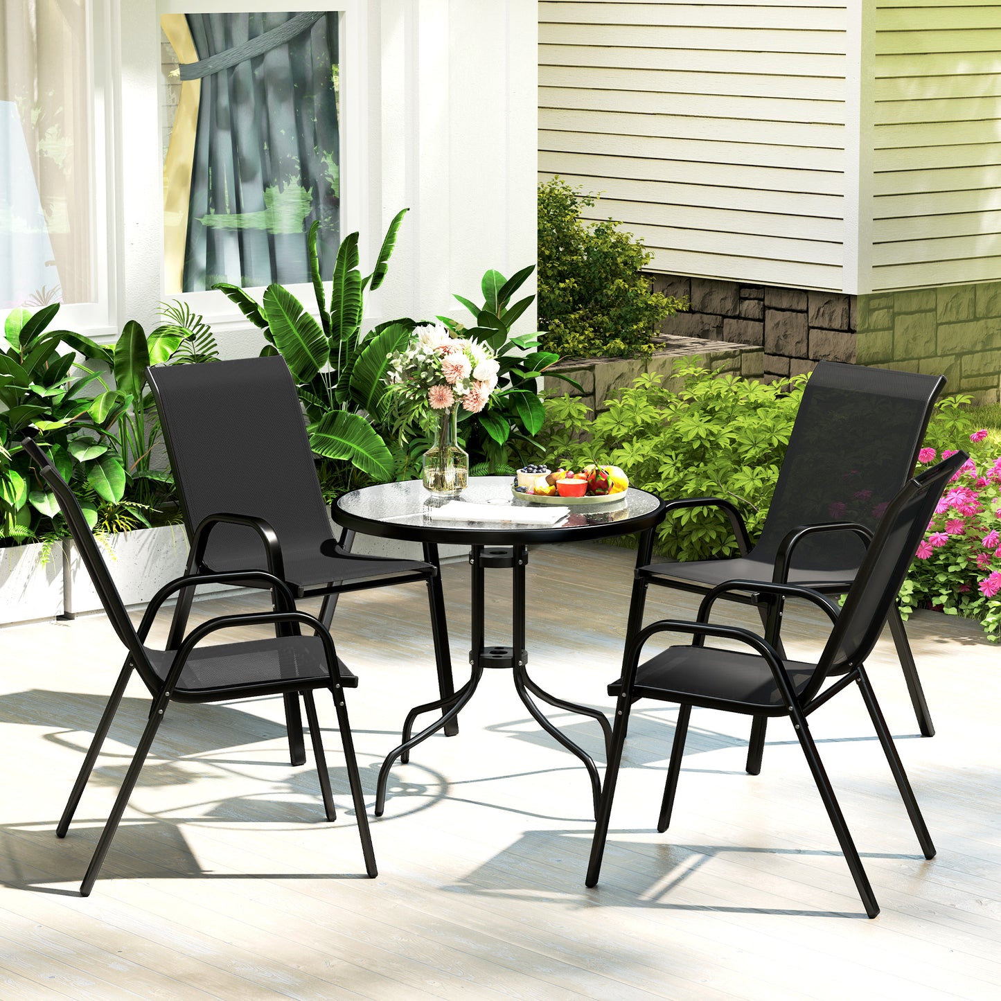 5 PCs Garden Furniture Set, Round Table and Stackable Chairs, Black