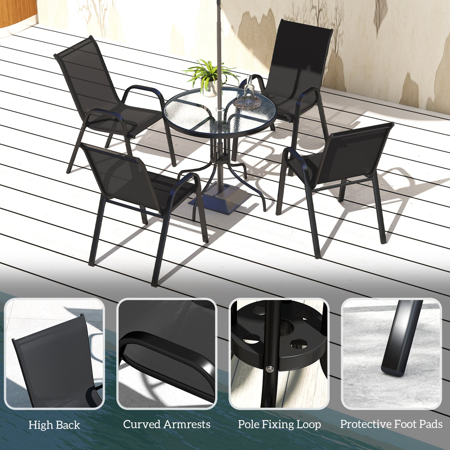 5 PCs Garden Furniture Set, Round Table and Stackable Chairs, Black