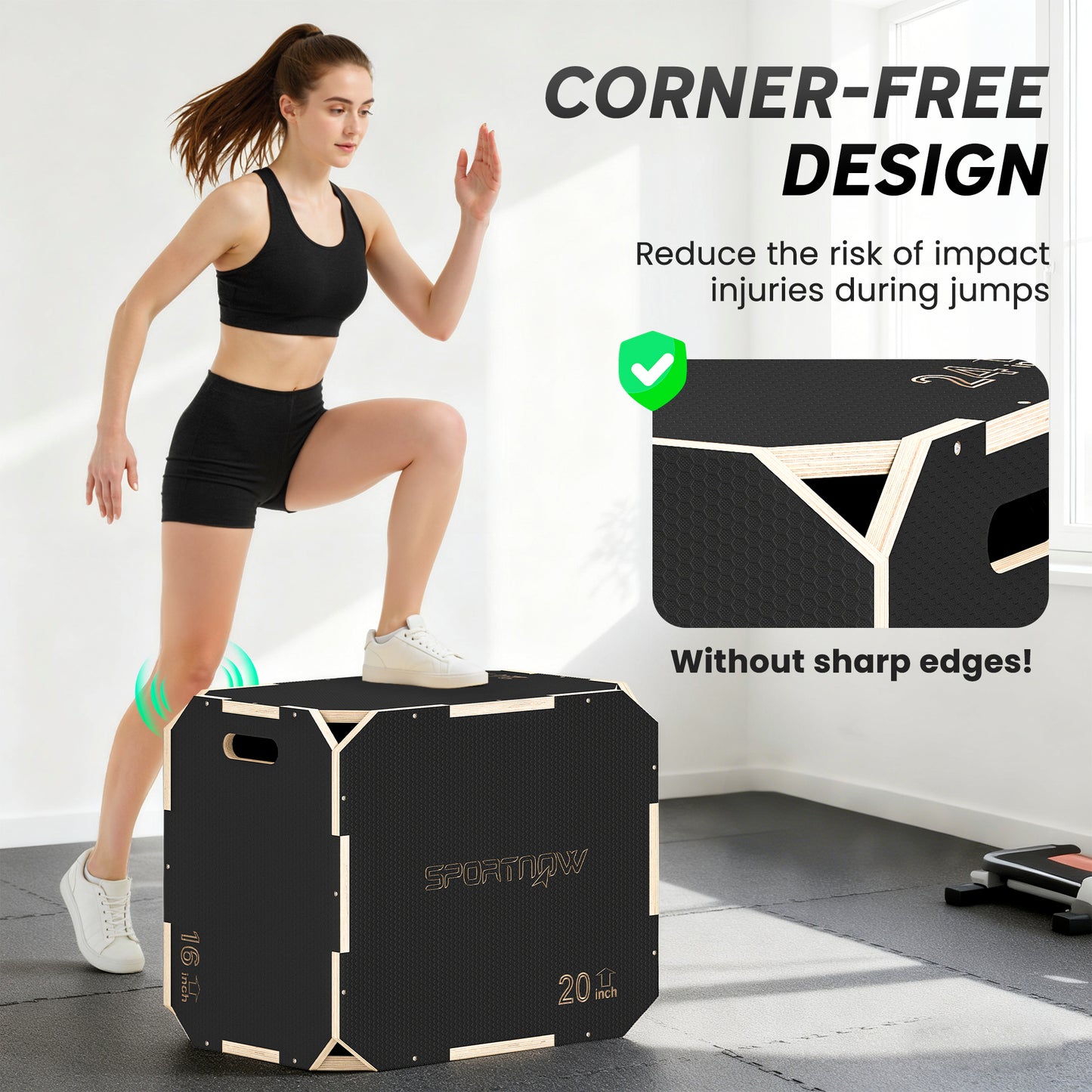 Non-Slip Plyo Box, Corner-free Wooden Jump Box, 41 x 61 x 51 cm