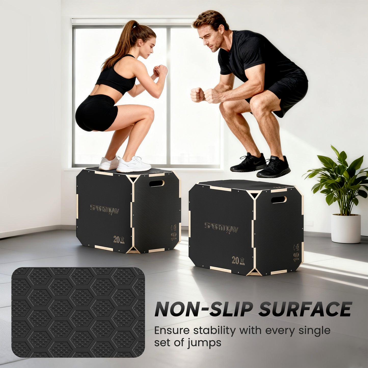 Non-Slip Plyo Box, Corner-free Wooden Jump Box, 41 x 61 x 51 cm