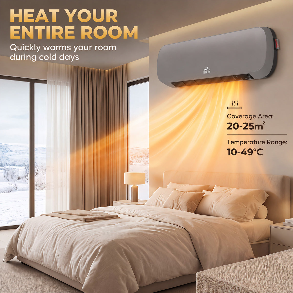 2000W Wall-Mounted Ceramic Heater with Weekly Timer and Remote - Grey