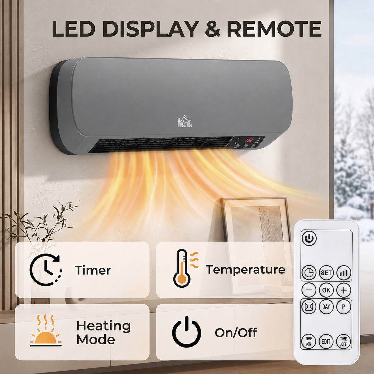 2000W Wall-Mounted Ceramic Heater with Weekly Timer and Remote - Grey