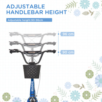 Kids Scooter, Kick Stunt Scooter with Adjustable Handlebar, Dual Brakes, Basket, Cupholder, Mudguard, 16" Inflatable Rubber Wheels, for 5-12 years, Blue