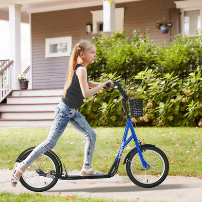Kids Scooter, Kick Stunt Scooter with Adjustable Handlebar, Dual Brakes, Basket, Cupholder, Mudguard, 16" Inflatable Rubber Wheels, for 5-12 years, Blue