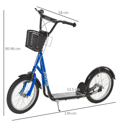 Kids Scooter, Kick Stunt Scooter with Adjustable Handlebar, Dual Brakes, Basket, Cupholder, Mudguard, 16" Inflatable Rubber Wheels, for 5-12 years, Blue