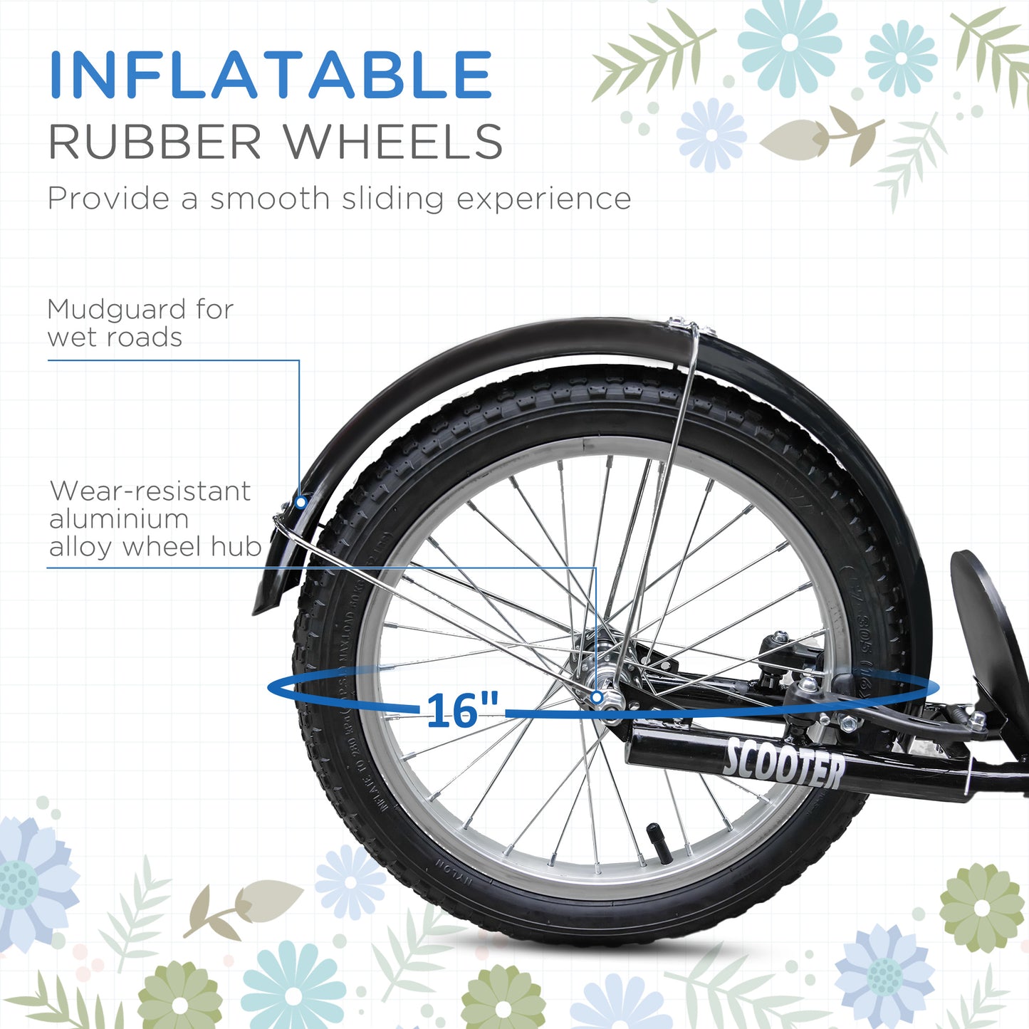 Kids Scooter, Kick Stunt Scooter with Adjustable Handlebar, Dual Brakes, Basket, Cupholder, Mudguard, 16" Inflatable Rubber Wheels, for 5-12 years, Blue