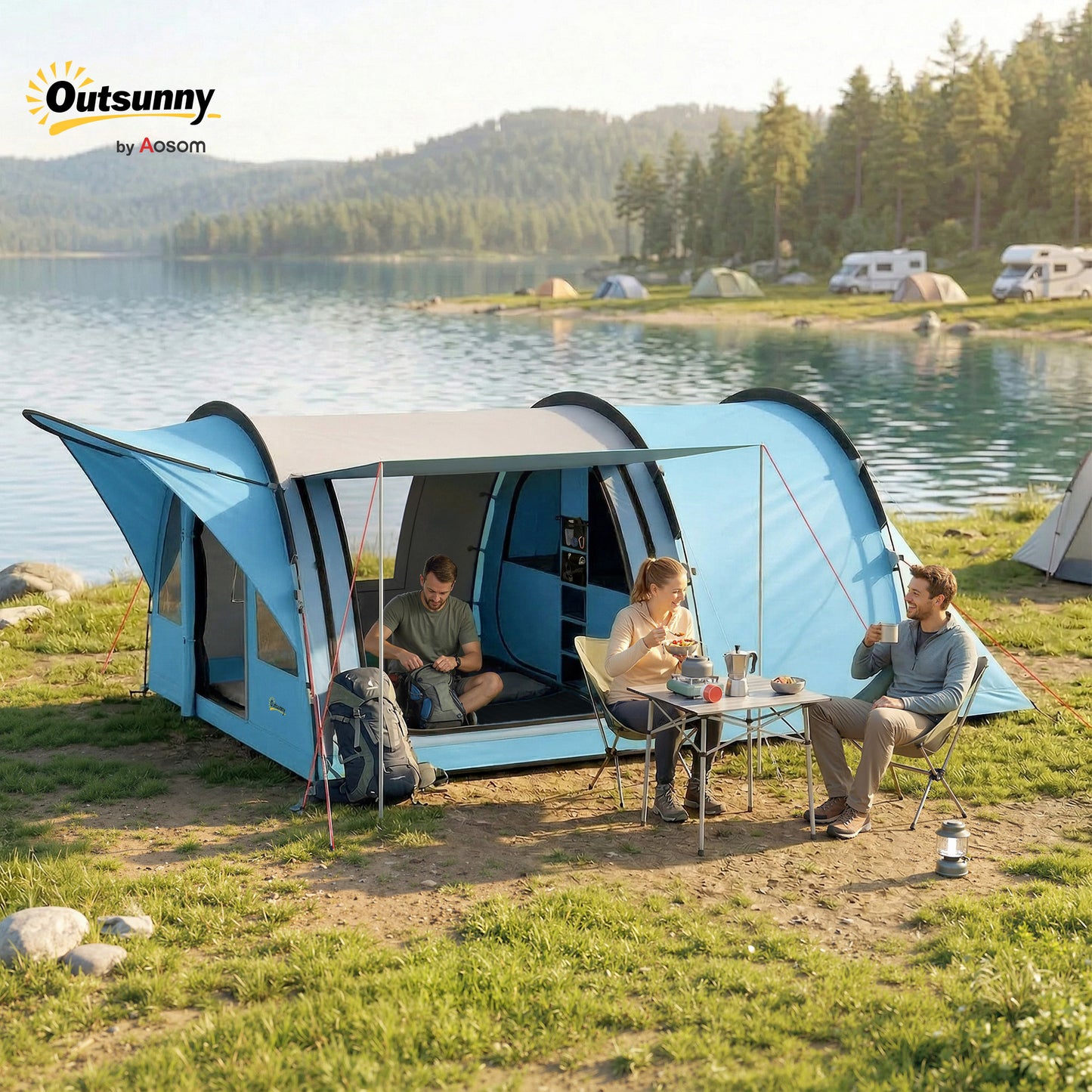 4 Person Easy Setup Family Camping Tent with 2 Rooms, Waterproof Tunnel Tent w/ Sewn In Groundsheet, Doors, Windows, Storage Pockets and Carrying Bag, Sky Blue & Grey