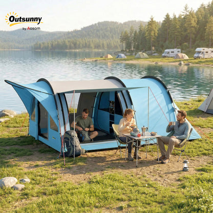 4 Person Easy Setup Family Camping Tent with 2 Rooms, Waterproof Tunnel Tent w/ Sewn In Groundsheet, Doors, Windows, Storage Pockets and Carrying Bag, Sky Blue & Grey