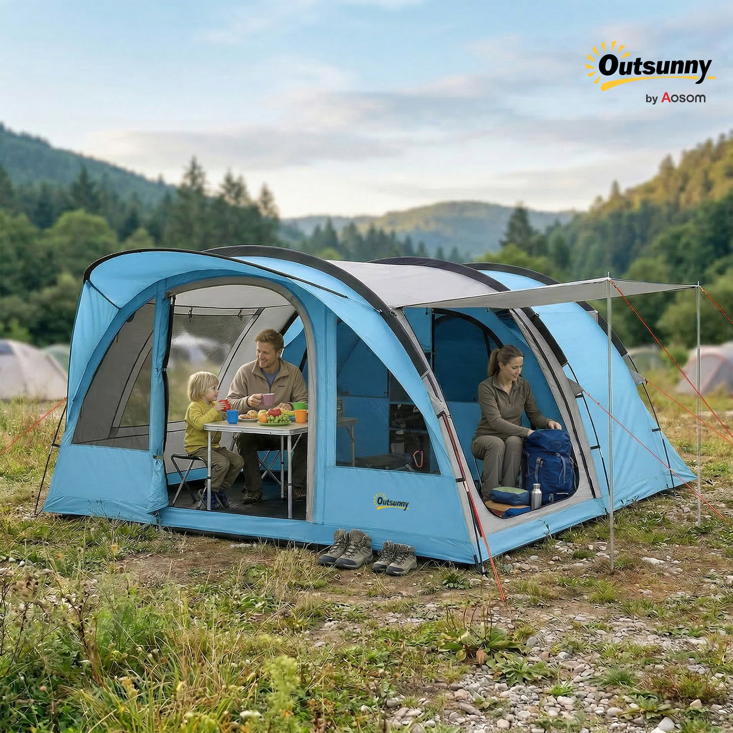4 Person Easy Setup Family Camping Tent with 2 Rooms, Waterproof Tunnel Tent w/ Sewn In Groundsheet, Doors, Windows, Storage Pockets and Carrying Bag, Sky Blue & Grey