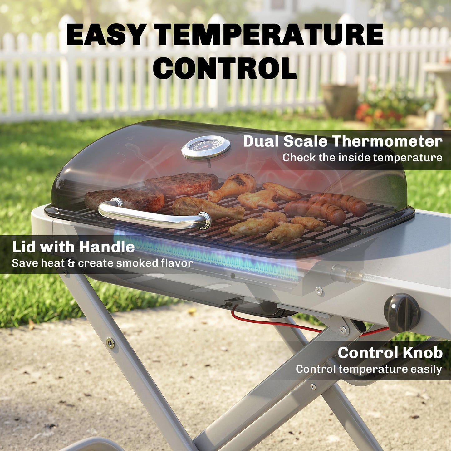 Foldable Gas BBQ Barbecue Grill with Side Table, 2.5 kW, Black