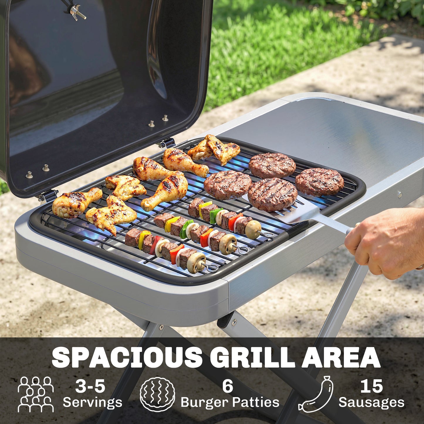 Foldable Gas BBQ Barbecue Grill with Side Table, 2.5 kW, Black