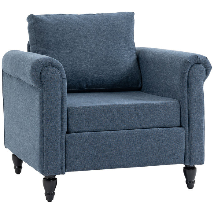 Vintage Accent Chair, Tufted Upholstered Lounge Armchair Single Sofa Chair with Rubber Wood Legs, Rolled Arms, Blue