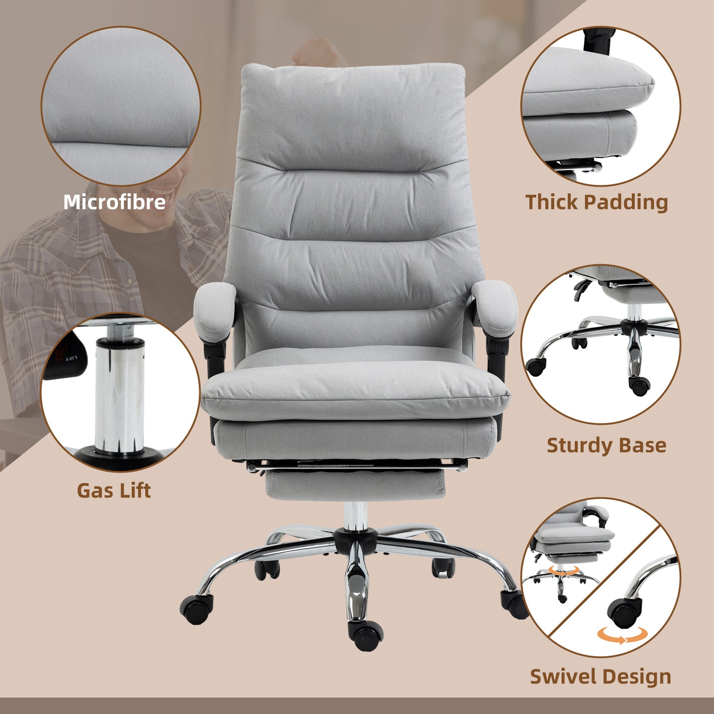 Vibration Massage Office Chair with Heat, Microfibre Computer Chair with Footrest, Armrest, Reclining Back, Double-tier Padding, Grey