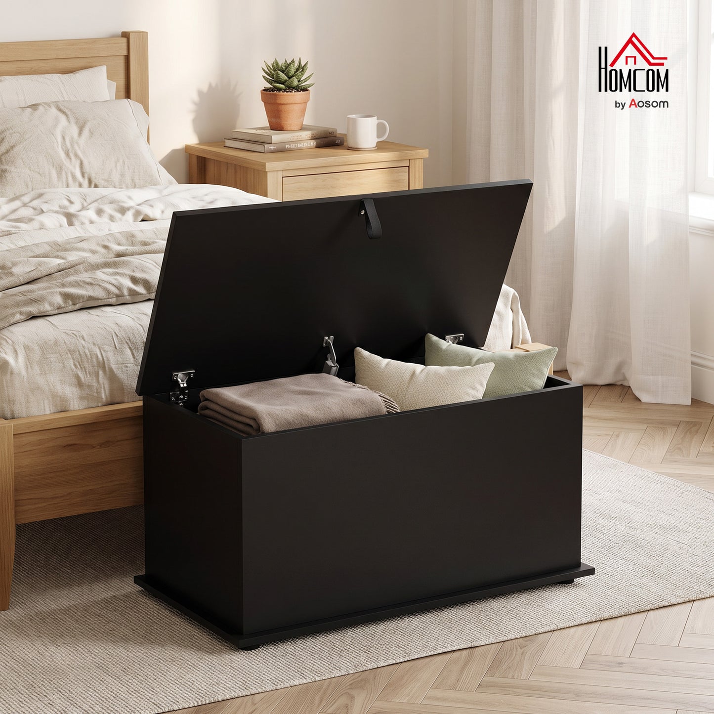 Storage Chest with Safety Hinged Lid, 102L Storage Box, Black