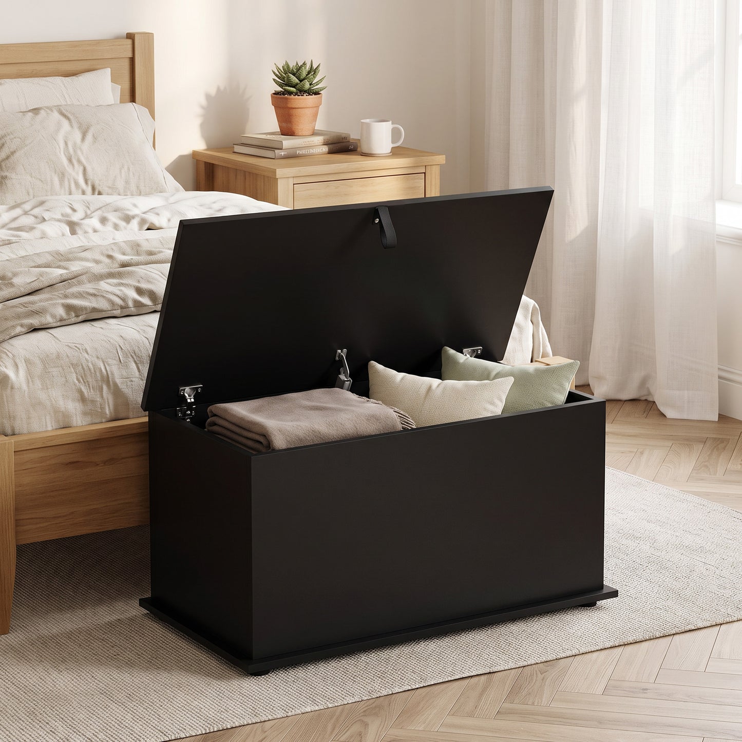 Storage Chest with Safety Hinged Lid, 102L Storage Box, Black