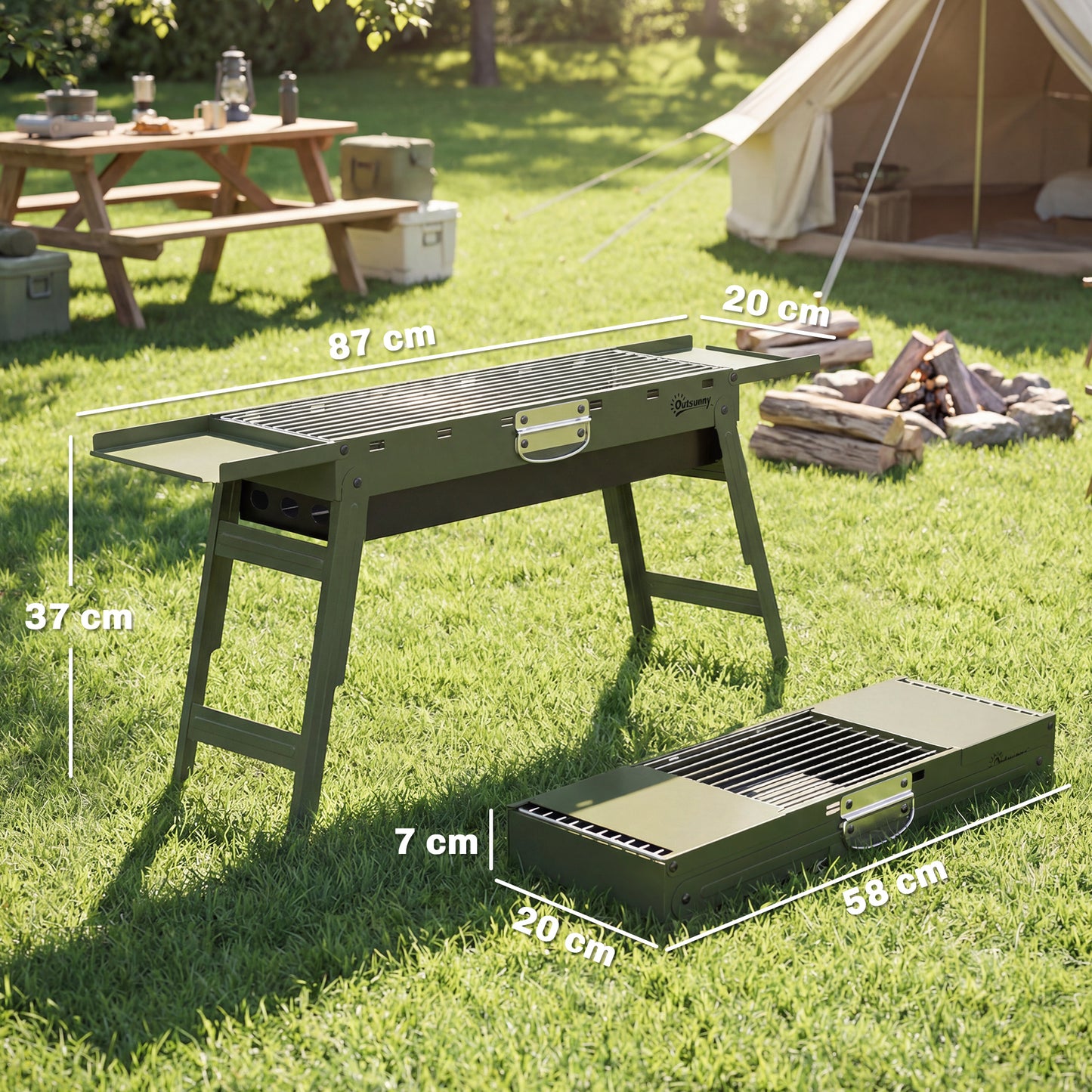 BBQ Grill, Charcoal Barbecue with 2 Side Shelves and Handle, Green