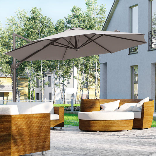 Outsunny 3M Roma Umbrella Sun Shade Cantilever Hanging Parasol w/ Cross Base Hand Crank Aluminium Frame 360¬¨‚àû Rotation - Grey