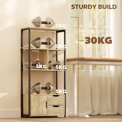 Industrial Bookshelf with 1 Cabinet and 2 Drawers, Natural Wood