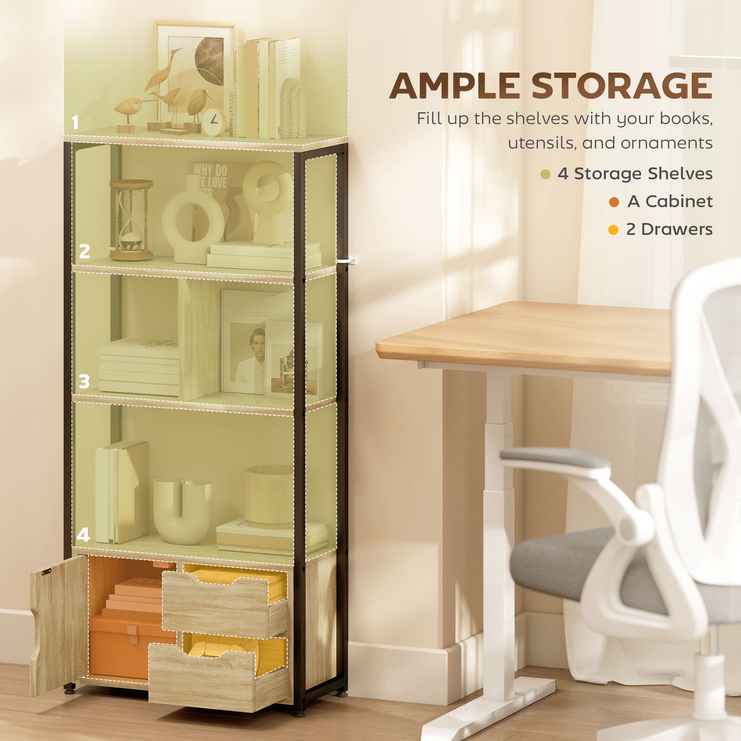 Industrial Bookshelf with 1 Cabinet and 2 Drawers, Natural Wood