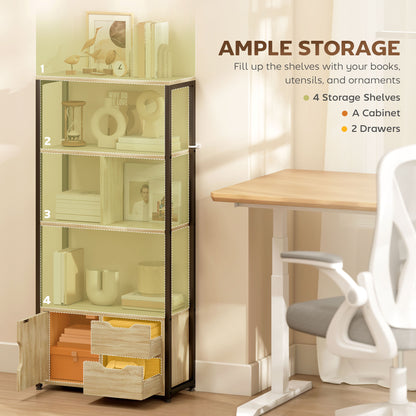 Industrial Bookshelf with 1 Cabinet and 2 Drawers, Natural Wood