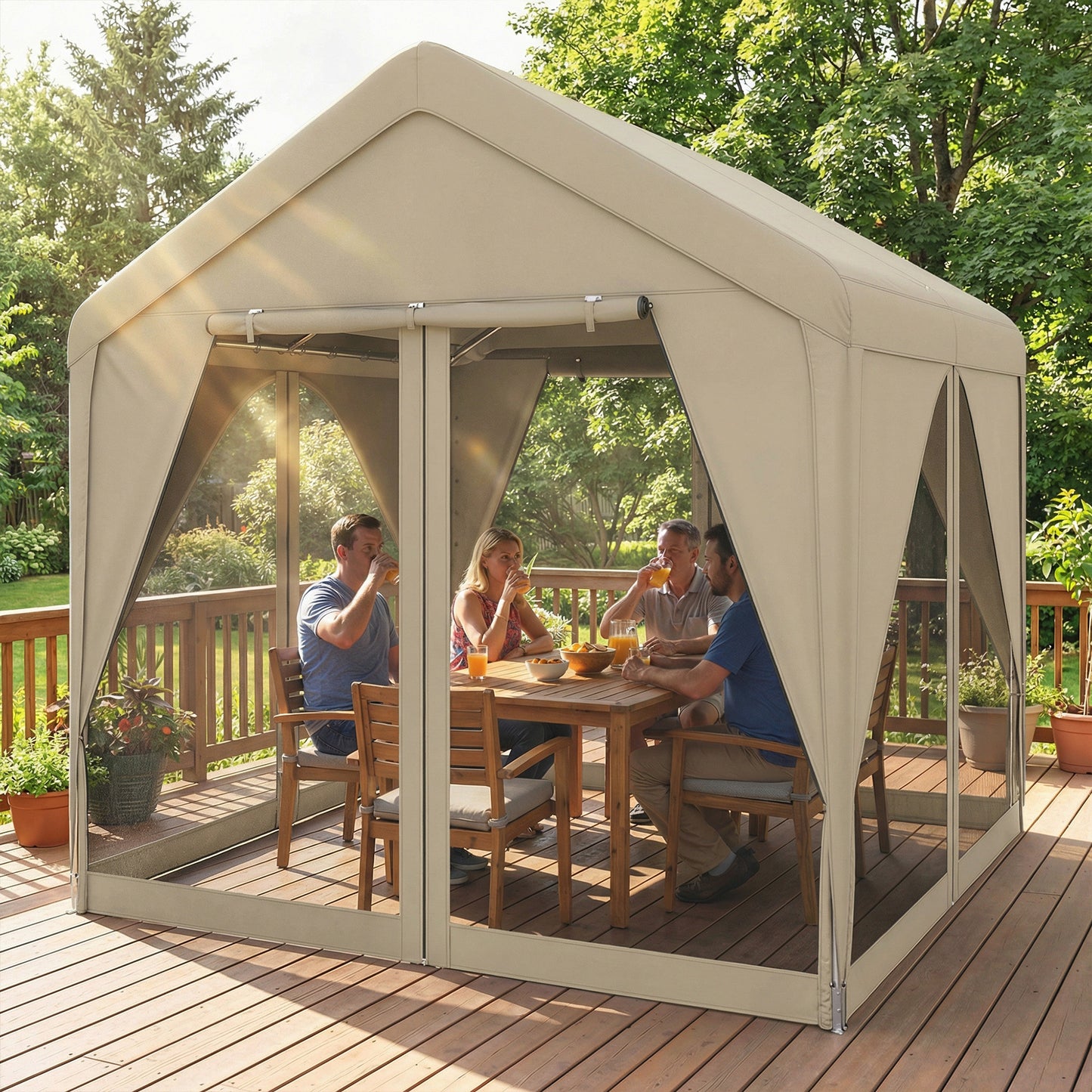 3 x 3 m Outdoor Patio Gazebo with Netting and Curtains, Khaki