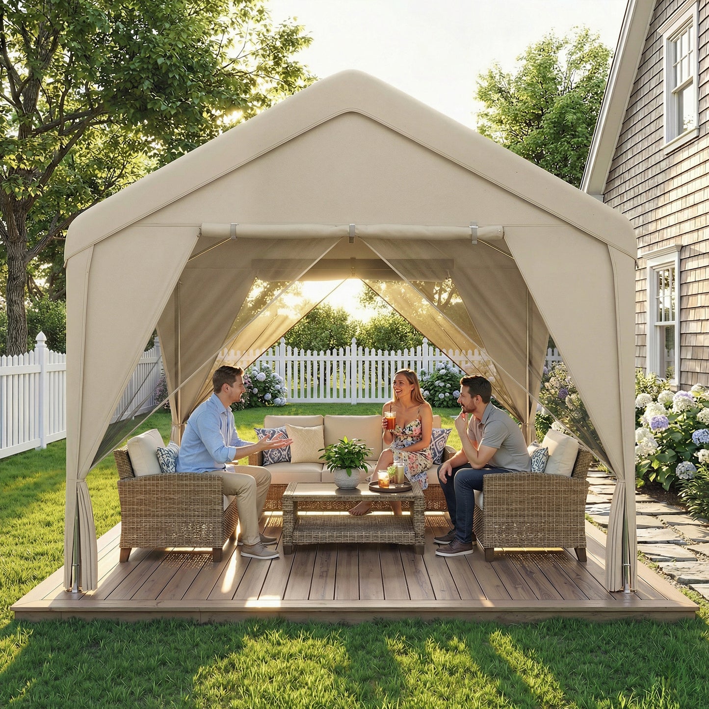 3 x 3 m Outdoor Patio Gazebo with Netting and Curtains, Khaki