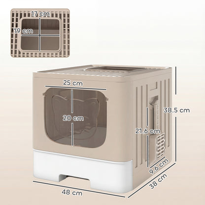 Foldable Cat Litter Box with Lid, Slide-Out Drawer, Khaki