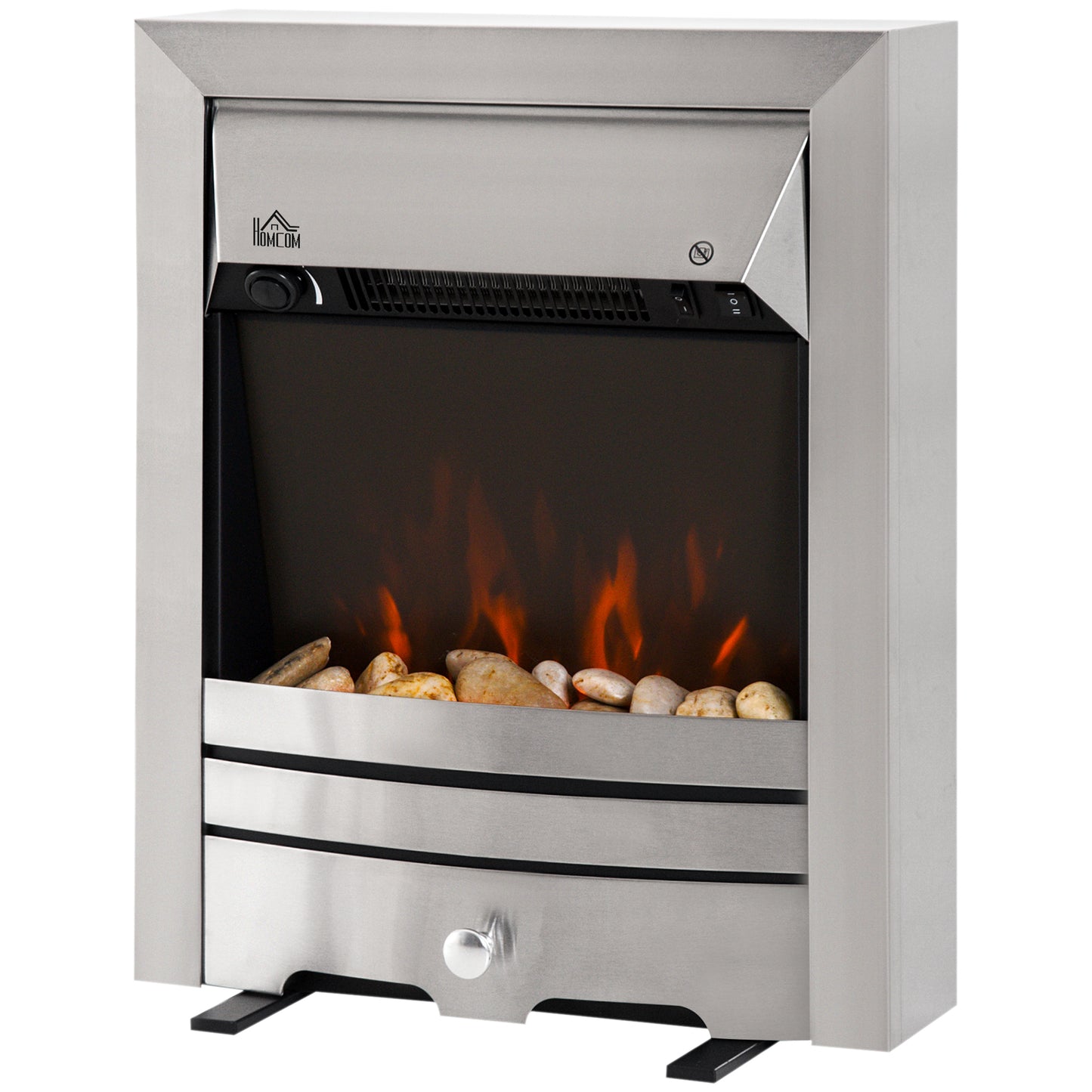 Electric Fireplace Stainless Steel 2KW Heater LED Fire Flame Silver