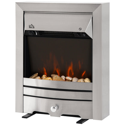 Electric Fireplace Stainless Steel 2KW Heater LED Fire Flame Silver