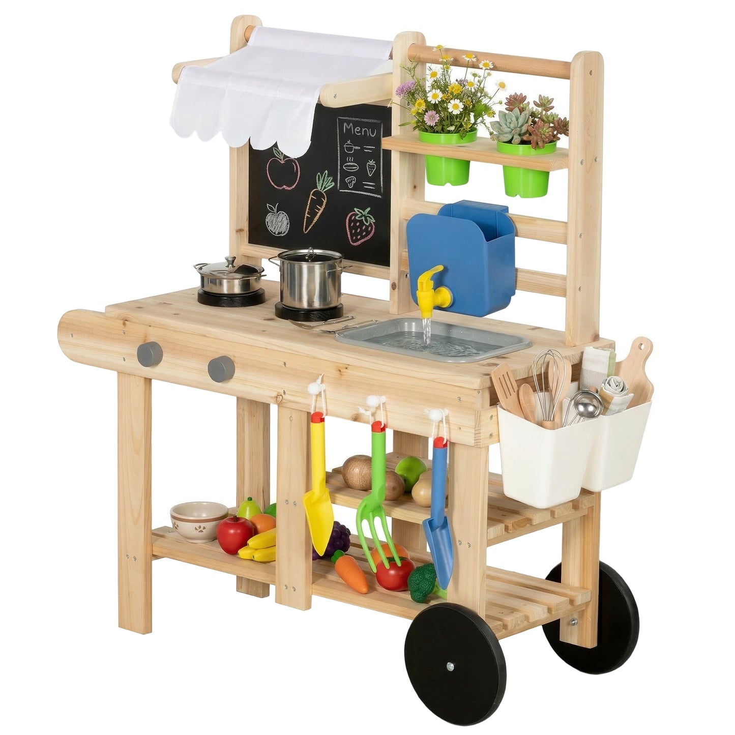 Mud Kitchen with Real Water Faucet Natural Wood