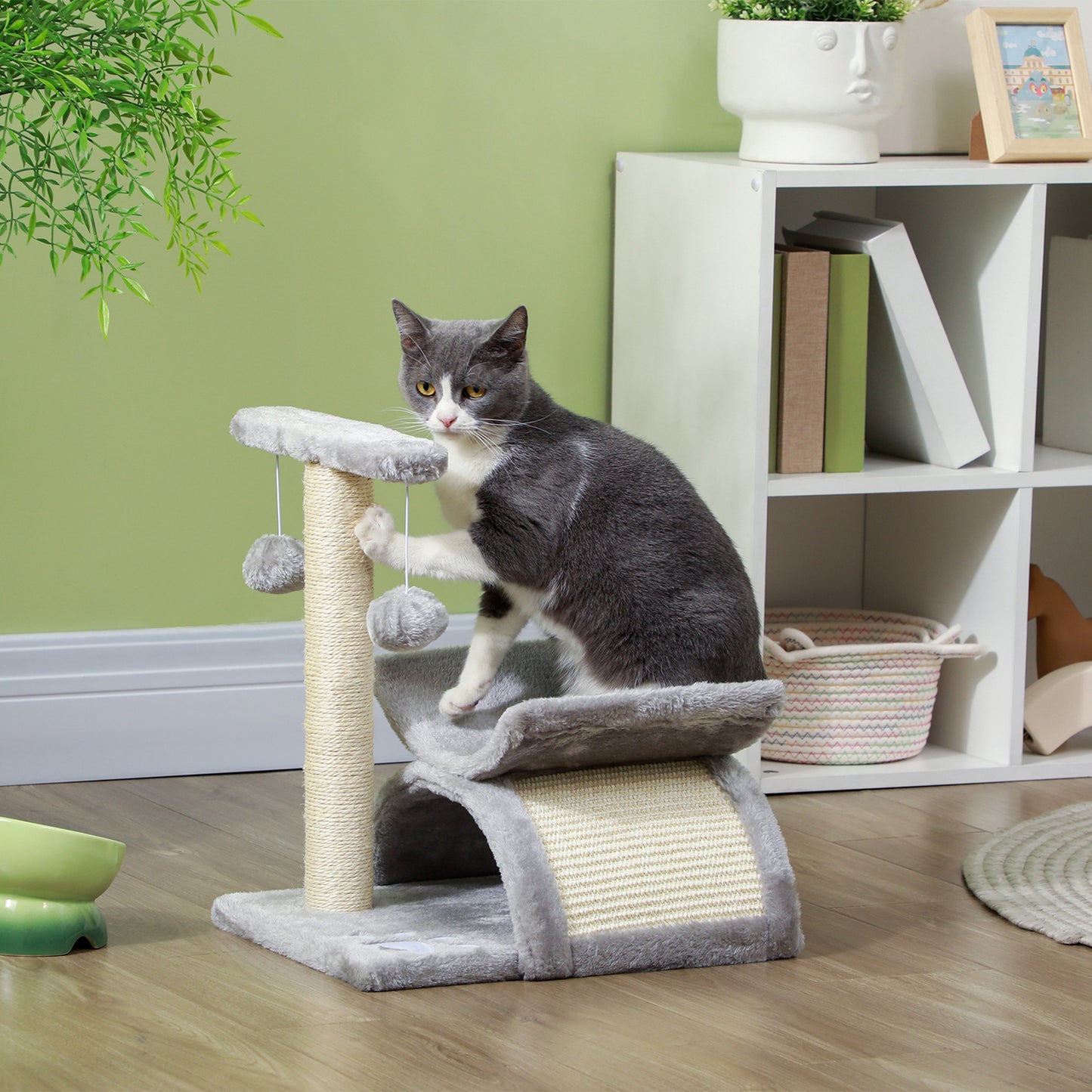 Cat Tree Tower, Rotatable Top Bar, Sisal Post, Tunnel, Balls, Grey