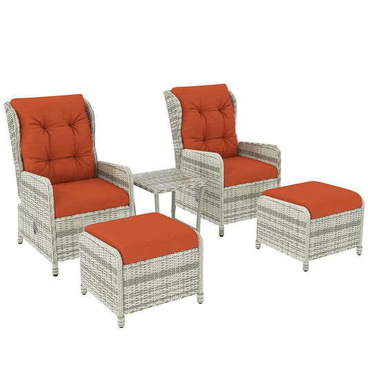 5 Piece Garden Furniture Set, Rattan Reclining Garden Chair Set of 2 with Footstool and Cushion , Orange