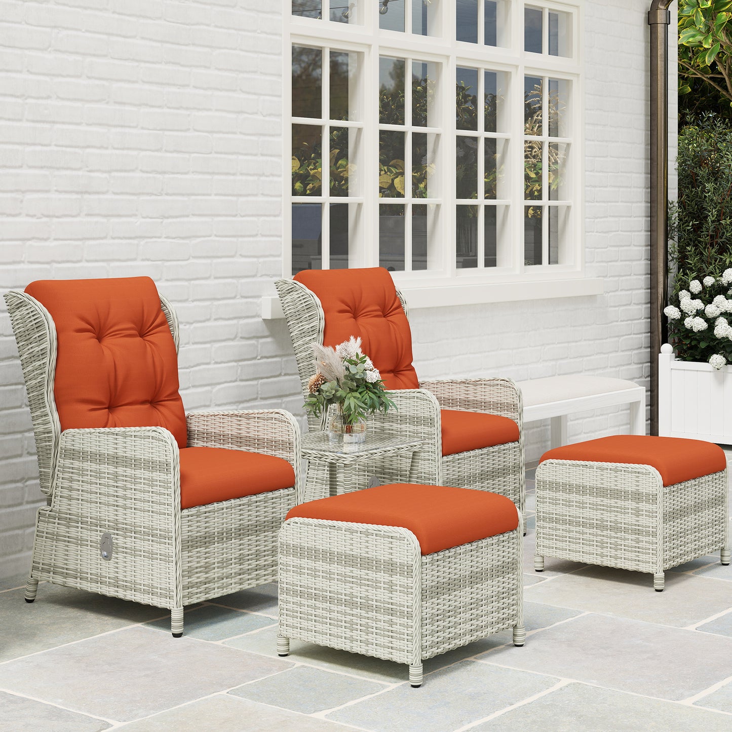 5 Piece Garden Furniture Set, Rattan Reclining Garden Chair Set of 2 with Footstool and Cushion , Orange
