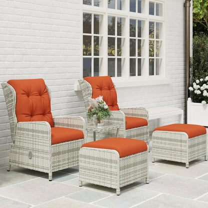 5 Piece Garden Furniture Set, Rattan Reclining Garden Chair Set of 2 with Footstool and Cushion , Orange