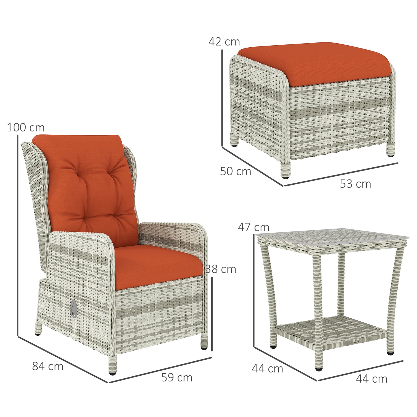 5 Piece Garden Furniture Set, Rattan Reclining Garden Chair Set of 2 with Footstool and Cushion , Orange