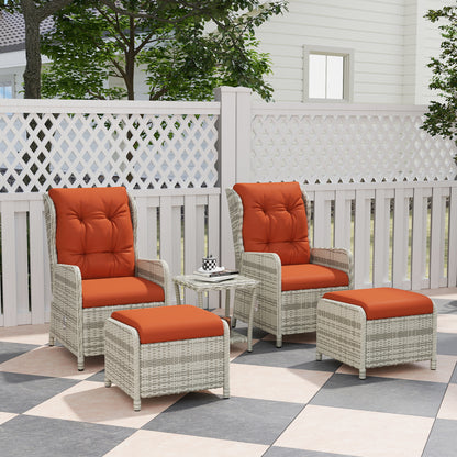 5 Piece Garden Furniture Set, Rattan Reclining Garden Chair Set of 2 with Footstool and Cushion , Orange