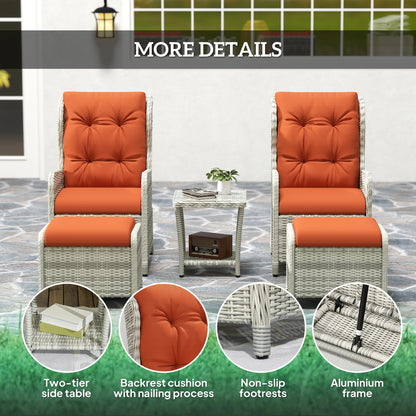 5 Piece Garden Furniture Set, Rattan Reclining Garden Chair Set of 2 with Footstool and Cushion , Orange
