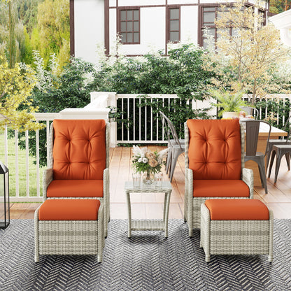 5 Piece Garden Furniture Set, Rattan Reclining Garden Chair Set of 2 with Footstool and Cushion , Orange