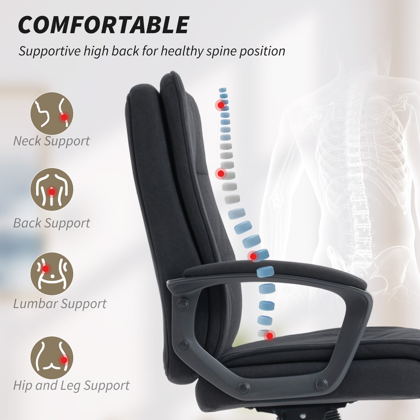 Executive Office Chair, Fabric Computer Desk Chair with Dual-Layer Padding, Adjustable Height, Armrests, Tilt Function, Swivel Wheels for Home Office, Study, Black