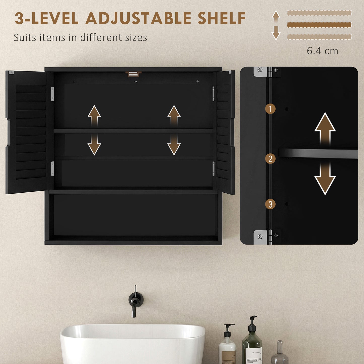 Bathroom Cabinet, Wall Mounted Cabinet with Adjustable Shelves, Black