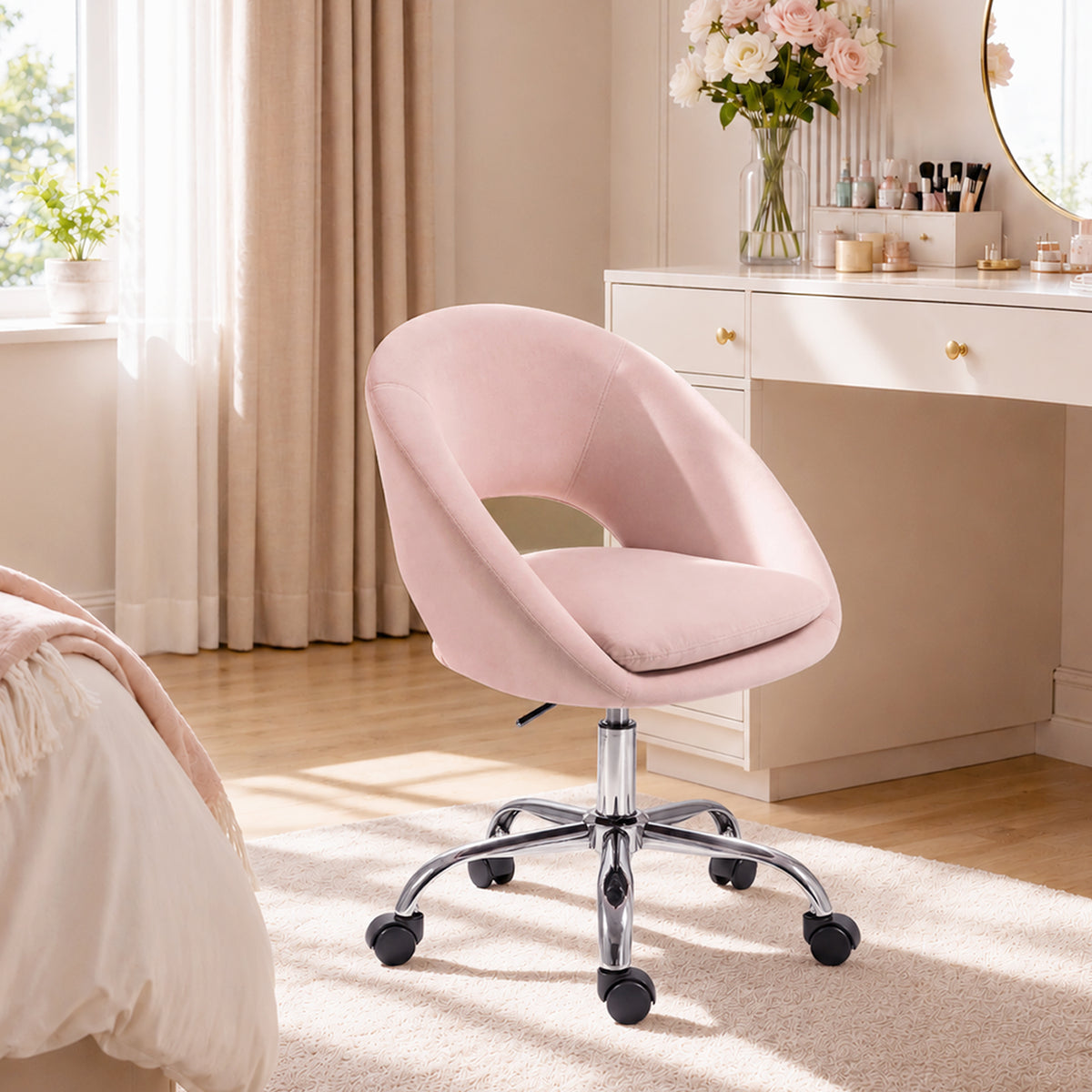 Velvet Desk Chair with Height-Adjustable, Wheels, Pink